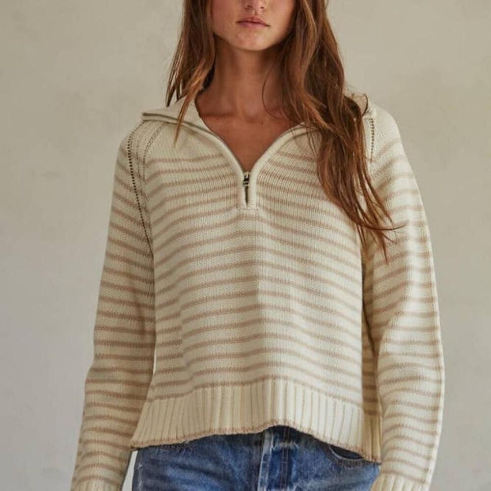 Kenzie Half-Zip Cropped Pullover- Cream and Beige- Small